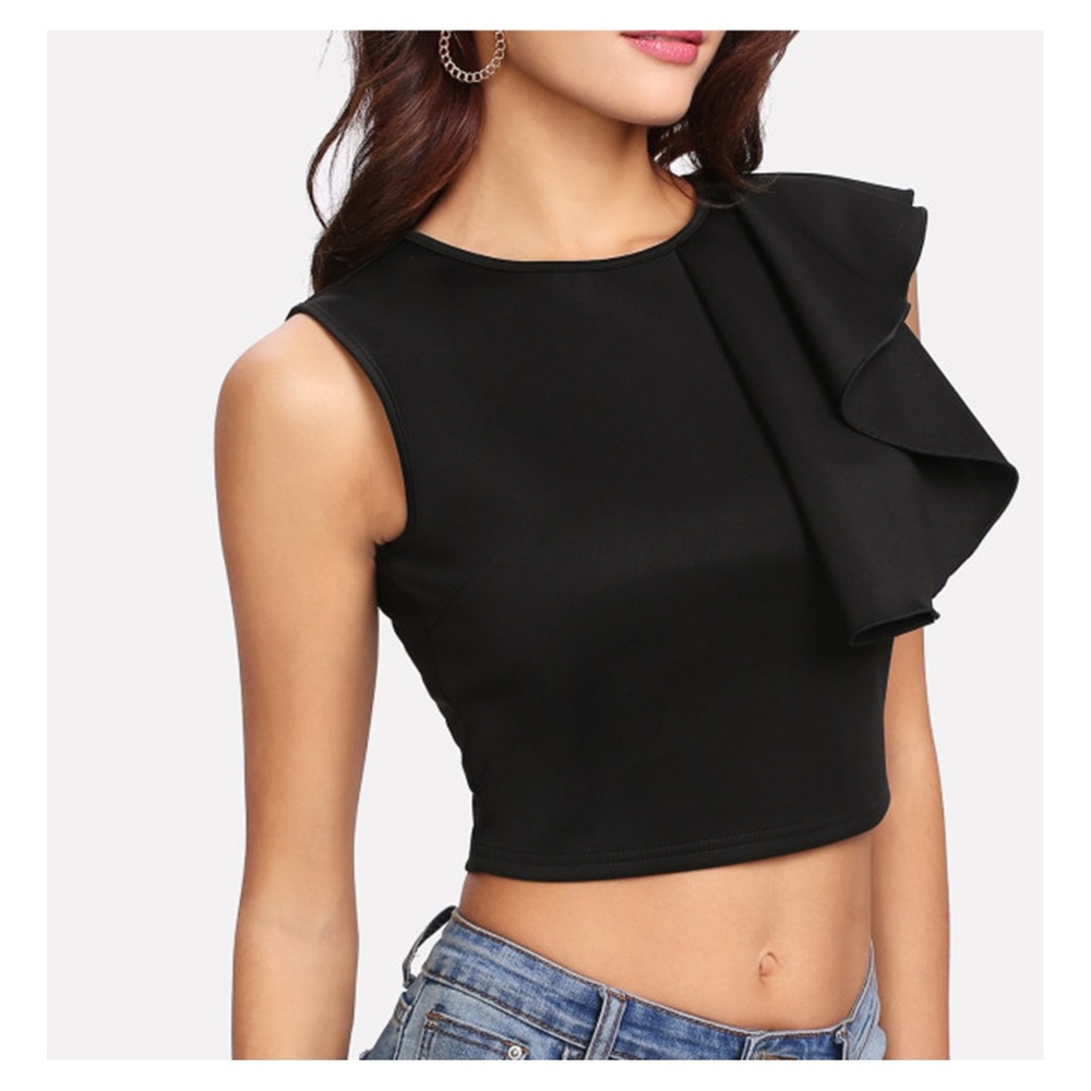 Black Sleeveless Side Ruffle Crop Top - Picture 4 of 5